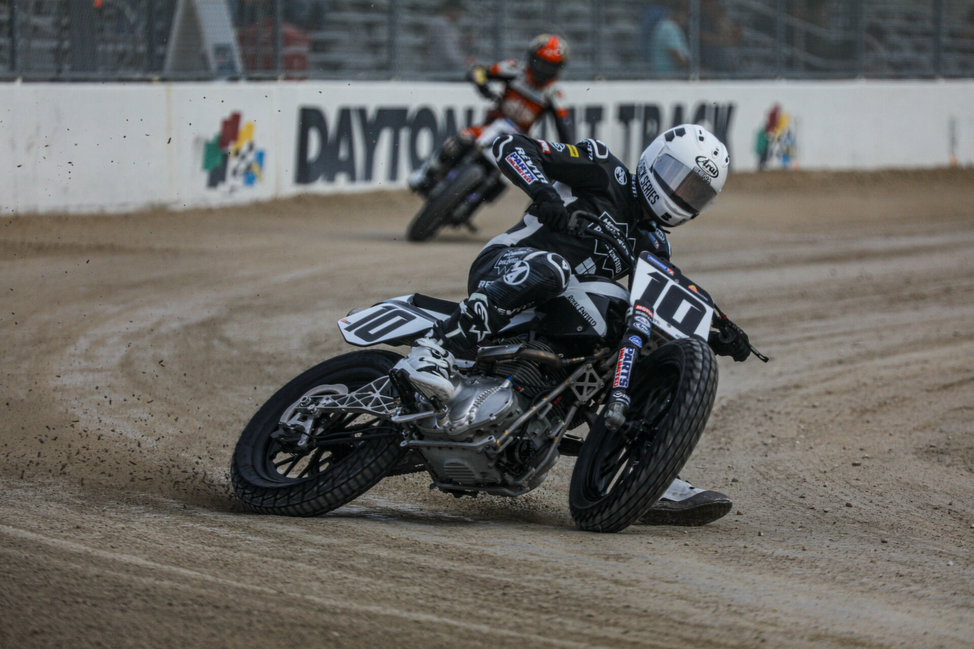 Johnny Lewis (10) on his Royal Enfield AFT Twins racebike at Daytona Short Track I in 2023. Photo by Scott Hunter, courtesy AFT.