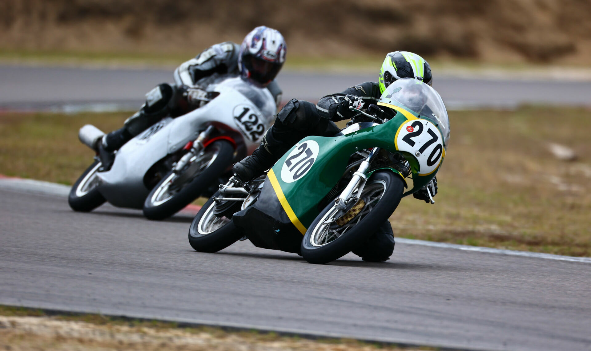 Rob Hall (270) leads Alex McLean (122) in an AHRMA Vintage Cup race at Roebling Road Raceway. Photo by etechphoto.com, courtesy AHRMA.