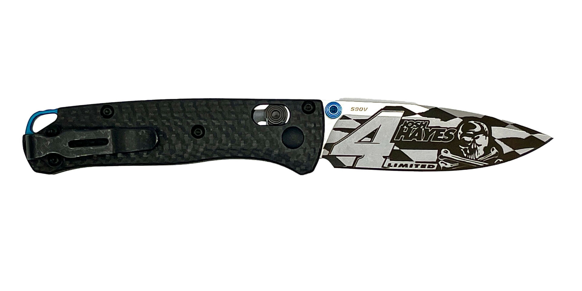 A Josh Hayes Limited Edition Carbon Fiber Benchmade Mini Bugout Pocket Knife. Photo courtesy Quinn Knives.