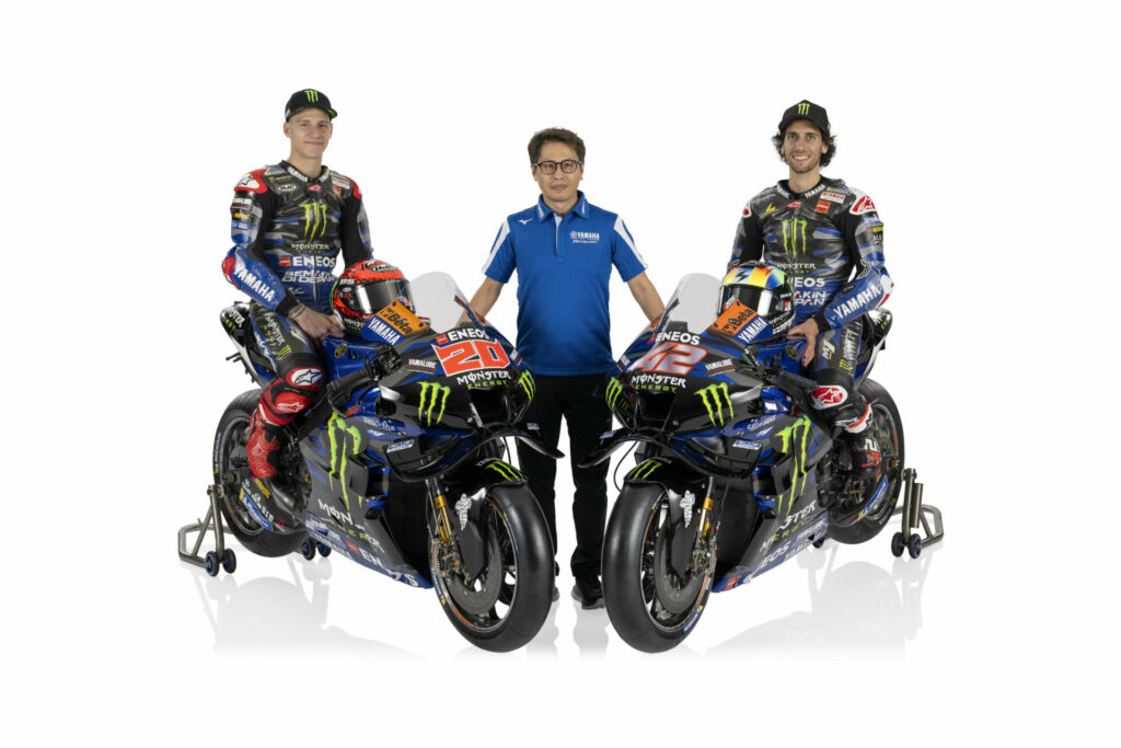 Fabio Quartararo (left), Takahiro Sumi (center), and Alex Rins (right). Photo courtesy Monster Energy Yamaha.