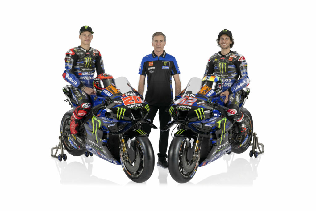 Fabio Quartararo (left), Lin Jarvis (center), and Alex Rins (right). Photo courtesy Monster Energy Yamaha.