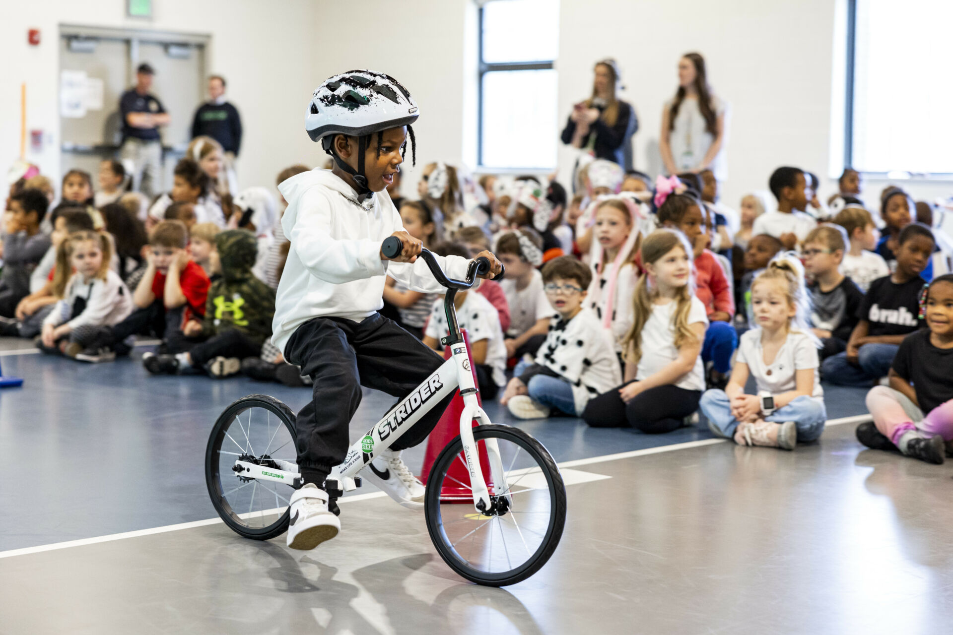 The kindergarten class at Leeds Primary School, in Leeds, Alabama, got an All Kids Bike learn-to-ride Physical Education program courtesy of a donation from BMW Motorrad USA and the Barber Vintage Festival. Photo by Parker S. Freedman, courtesy BMW Motorrad USA.