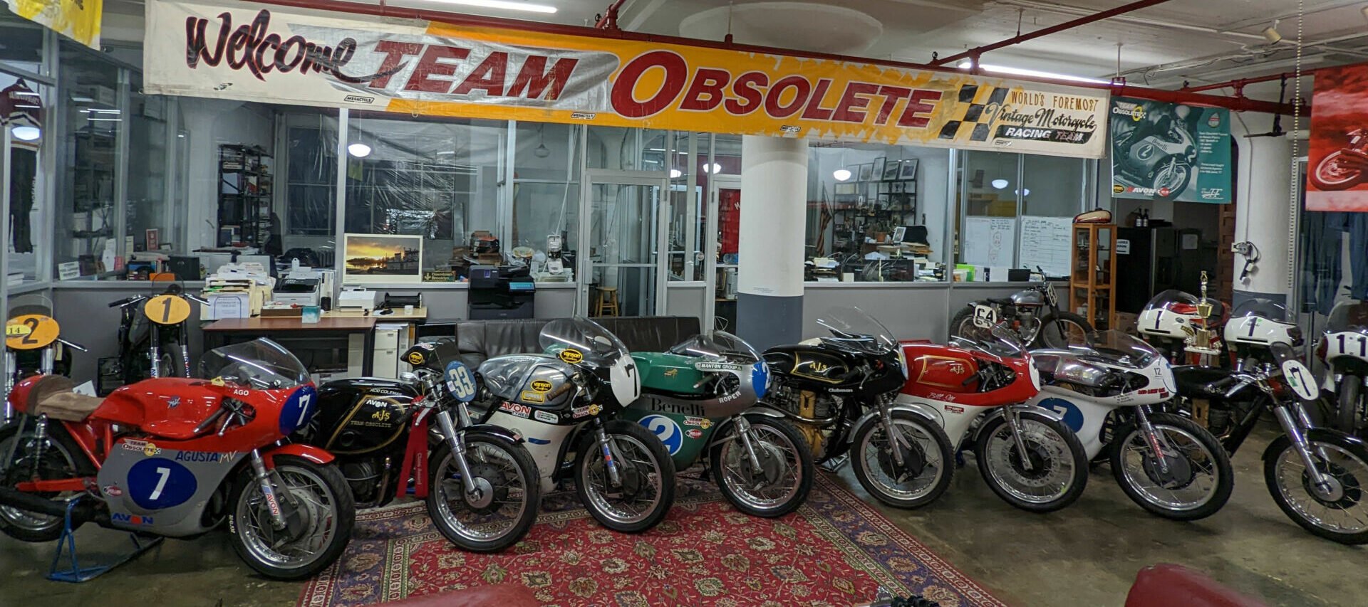Some of Team Obsolete's fleet of 350cc Grand Prix racebikes. Photo courtesy Team Obsolete.