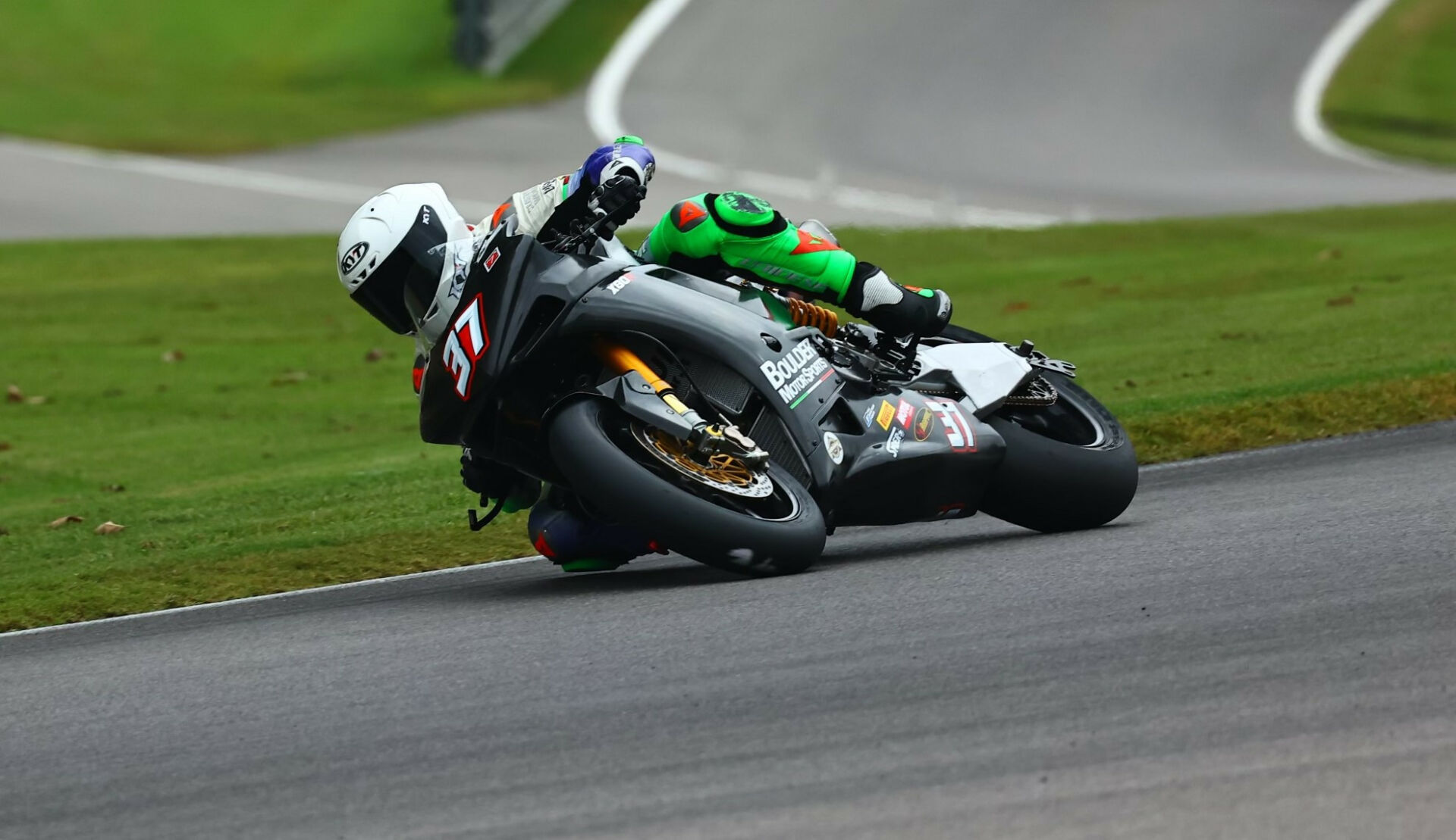 Stefano Mesa (37) riding a Boulder Motor Sports-built, Ducati-powered Pierobon X80R during the AHRMA event at Barber Motorsports Park in 2023. Photo by etechphoto, courtesy Boulder Motor Sports.