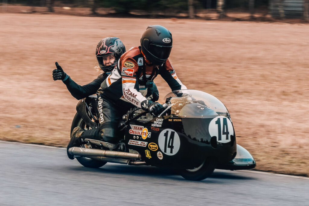 Randy Hoffman and passenger Michelle LeClear-Fisher on Team Obsolete's MJC Special - a sidecar rig formerly raced at the Isle of Man TT. Photo by Peter Domorak, courtesy Team Obsolete.