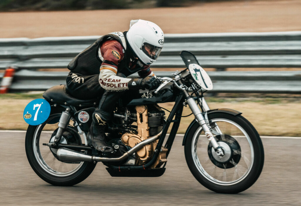 Dave Roper (7) on Team Obsolete's 1951 works AJS 7R at Roebling Road Raceway. Photo by Peter Domorak, courtesy Team Obsolete.