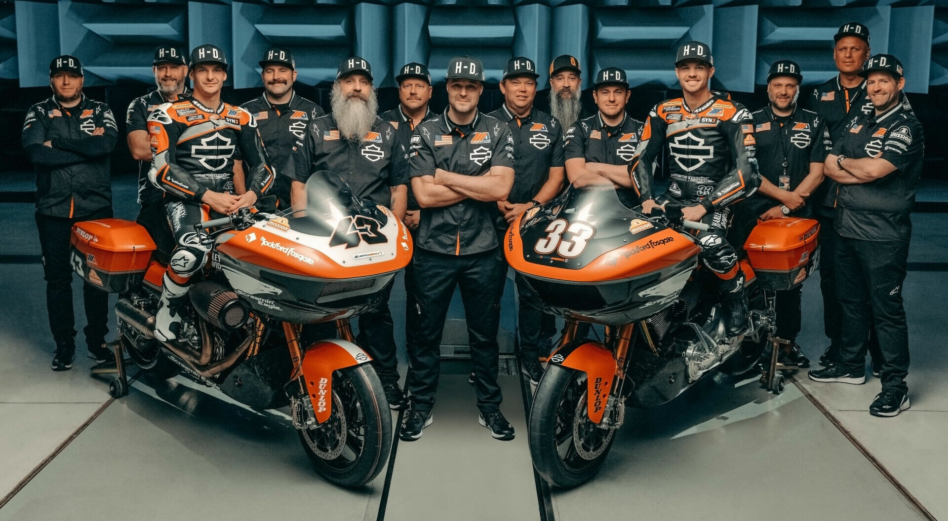James Rispoli (43), Kyle Wyman (33), and the Harley-Davidson Factory Racing Team. Photo courtesy Harley-Davidson.