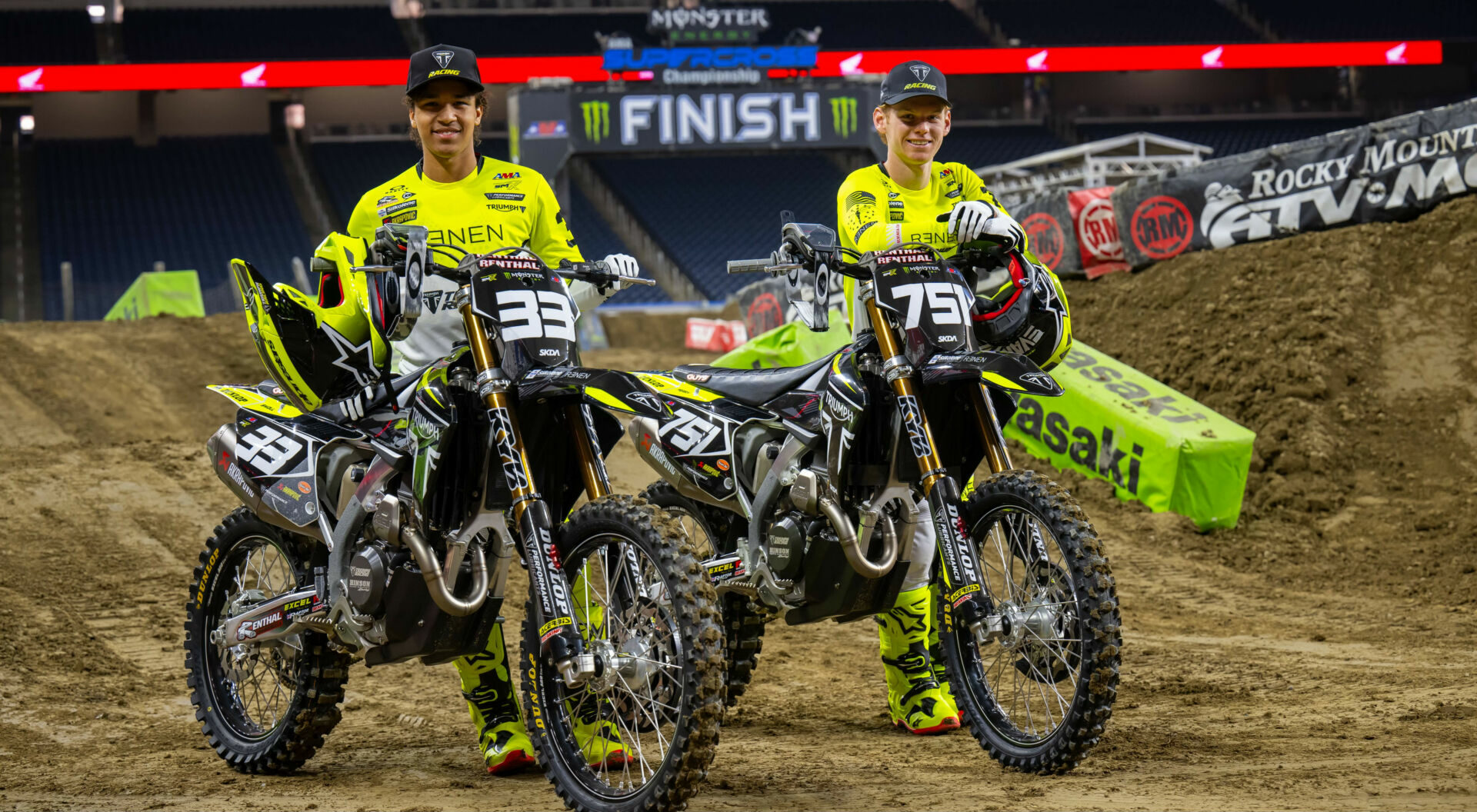 Triumph Racing’s Jalek Swoll (33) and Evan Ferry (751) before Supercross Media Day at Ford Field in Detroit, Michigan. Photo courtesy Feld Motor Sports, Inc.