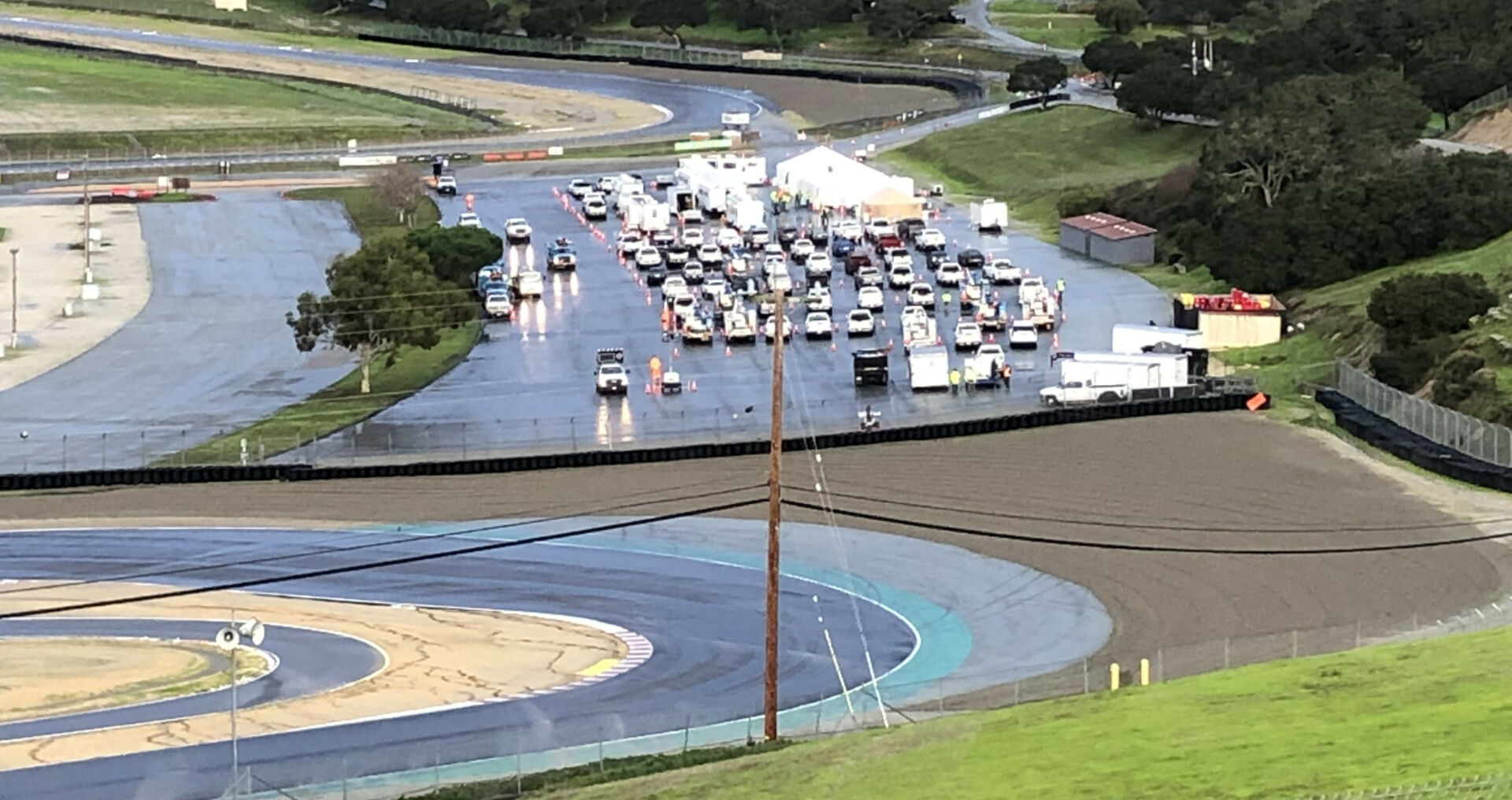Pacific Gas & Electric (PG&E) vehicles and crews staged in a parking/vending area at WeatherTech Raceway Laguna Seca. Photo courtesy WeatherTech Raceway Laguna Seca/County of Monterey.