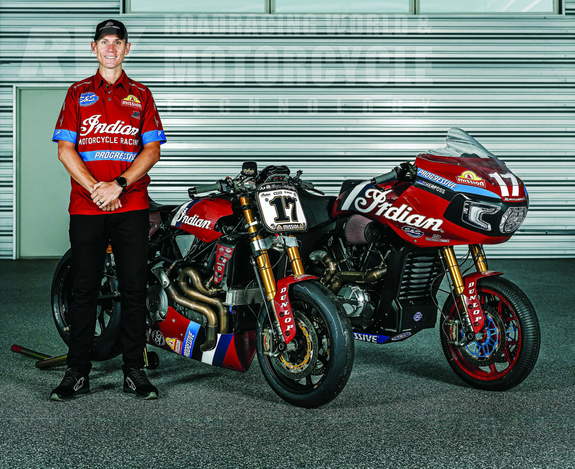 Four-time Australian Superbike Champion Troy Herfoss with his 2024 Indian FTR Super Hooligan (left) and Indian Challenger King Of The Baggers (right) racebikes.