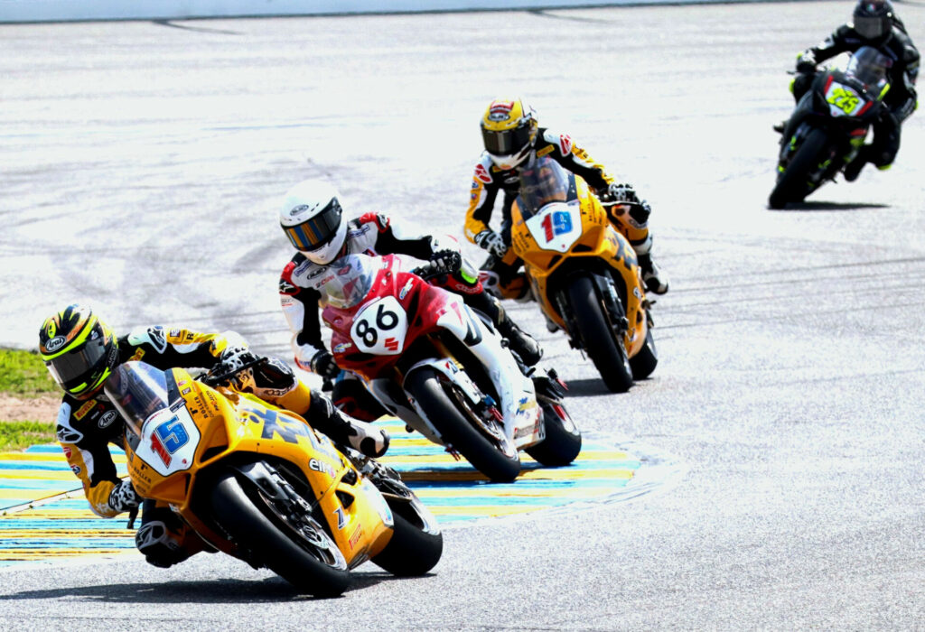 CSBK rivals Ben Young (86) and Trevor Dion (225) battled with the Rahal Ducati Moto duo of PJ Jacobsen (15) and Kayla Yaakov (19) early in Saturday’s race. Dion later retired with a brake failure, while Yaakov and Jacobsen finished 12th and 14th, respectively. Photo by Colin Fraser, courtesy CSBK.