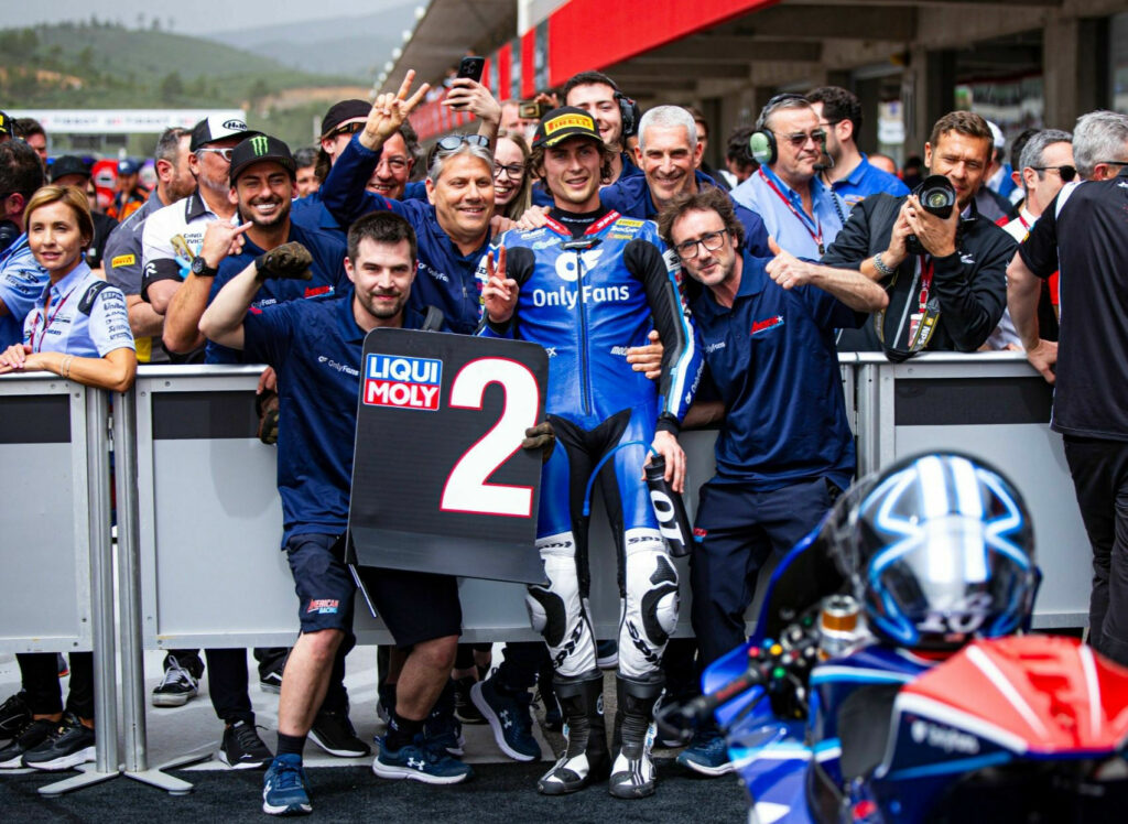 Joe Roberts celebrates his second-place finish in Parc Ferme in Portugal. Photo courtesy OnlyFans American Racing Team.
