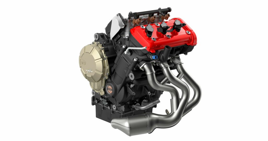 The 931cc inline three-cylinder engine of the 2024-model MV Agusta Enduro Veloce. Photo courtesy MV Agusta.