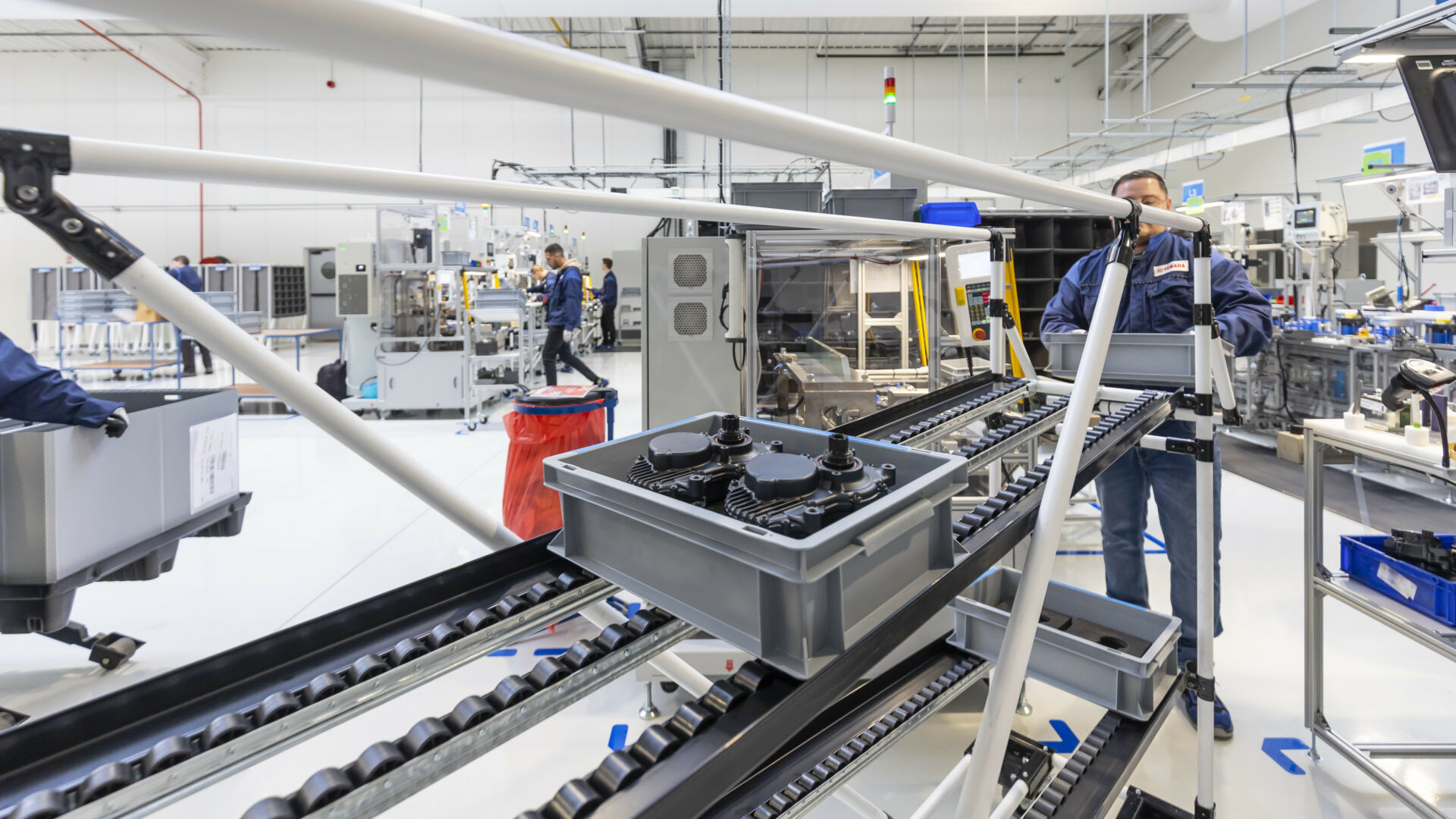 Drive units for electric bicycles going down the new assembly line at Yamaha Motor Manufacturing Europe in France. Photo courtesy Yamaha Motor Europe.