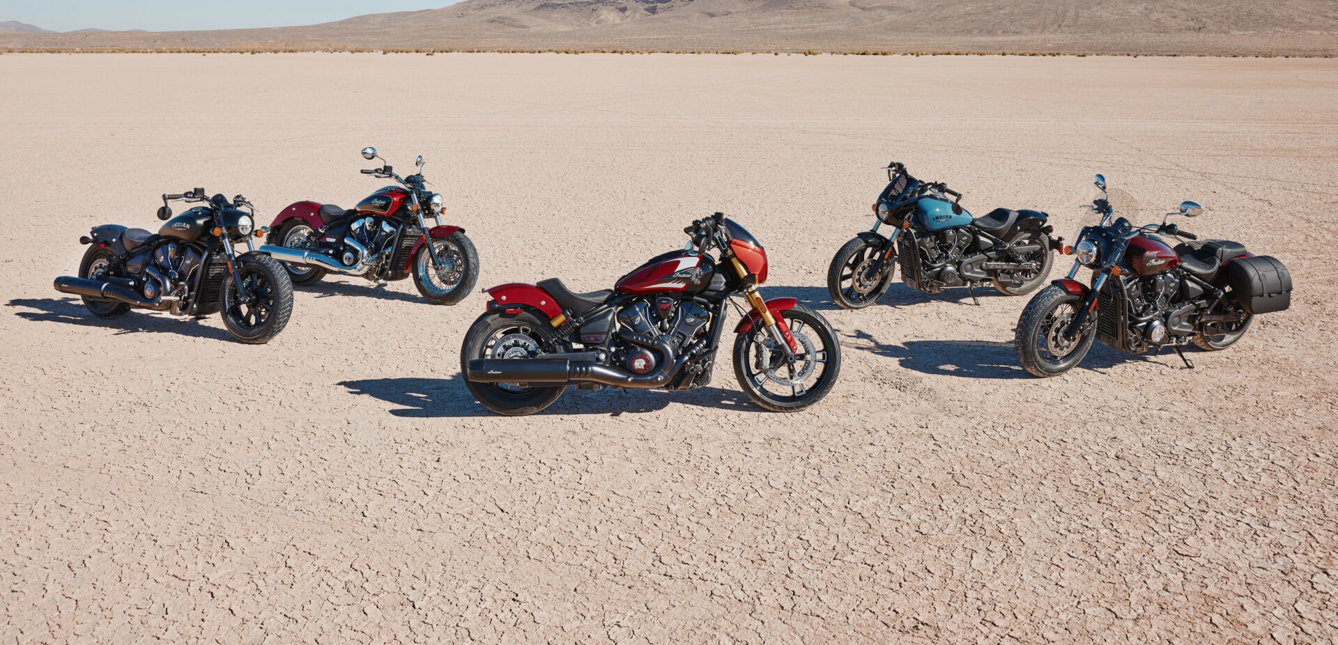 The 2025 Indian Scout family (from left): Scout Bobber, Scout Classic, Scout 101, Scout Sport, and Super Scout. Photo courtesy Indian Motorcycle.