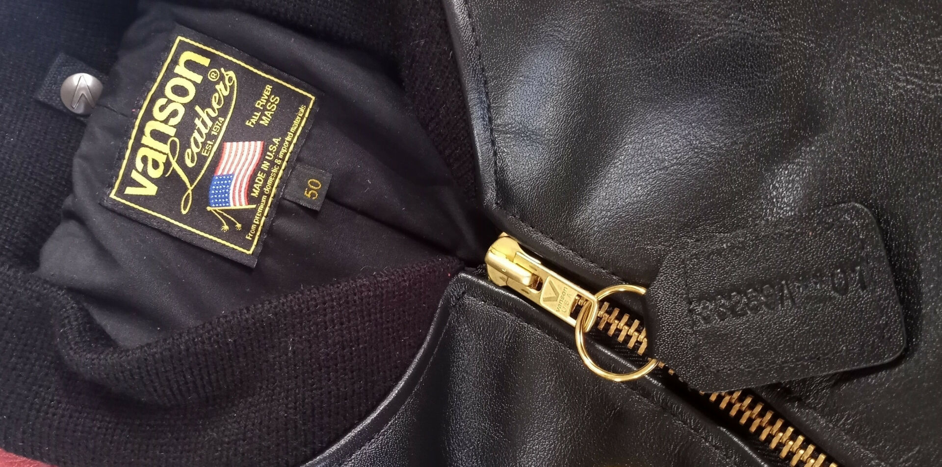 A closeup of the label and zipper of a Vanson leather jacket. Photo courtesy Vanson Leathers.