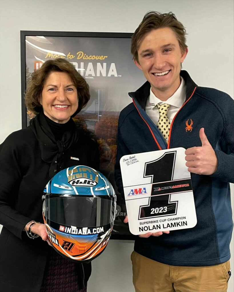 Elaine Bedel, CEO of Indiana Destination Development Corporation, (left) with Nolan Lamkin (right). Photo courtesy of Visit Indiana/Tom Wood Powersports.