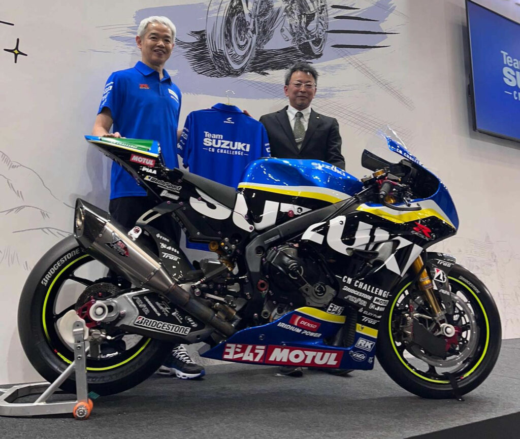 Team Suzuki CN Challenge is being led by former Suzuki MotoGP Project Leader Shinichi Sahara (left). Sahara is seen here at the Tokyo Motorcycle Show with TK. Photo courtesy Shinichi Sahara.
