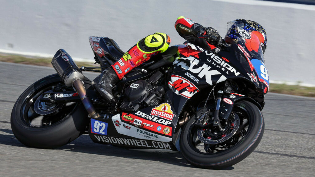 Vision Wheel M4 ECSTAR Suzuki’s Rossi Moor (92) putting the new GSX-8R through its paces, to earn seventh in the bike’s and rider’s Twins Cup racing debut. Photo by Brian J. Nelson, courtesy Suzuki Motor USA.