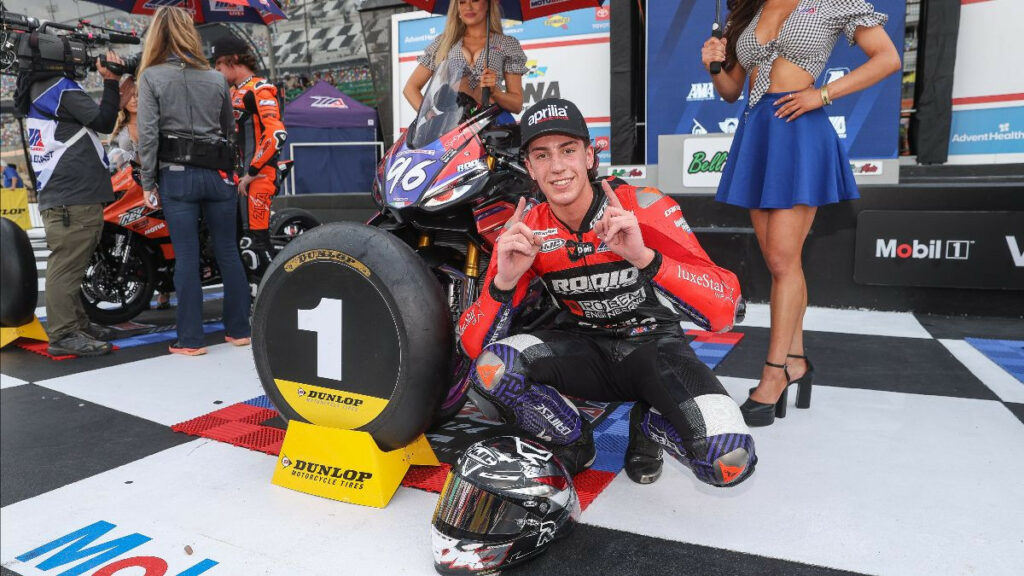 Gus Rodio swept the two BellissiMoto Twins Cup race at Daytona International Speedway.Photo by Brian J. Nelson, courtesy MotoAmerica.