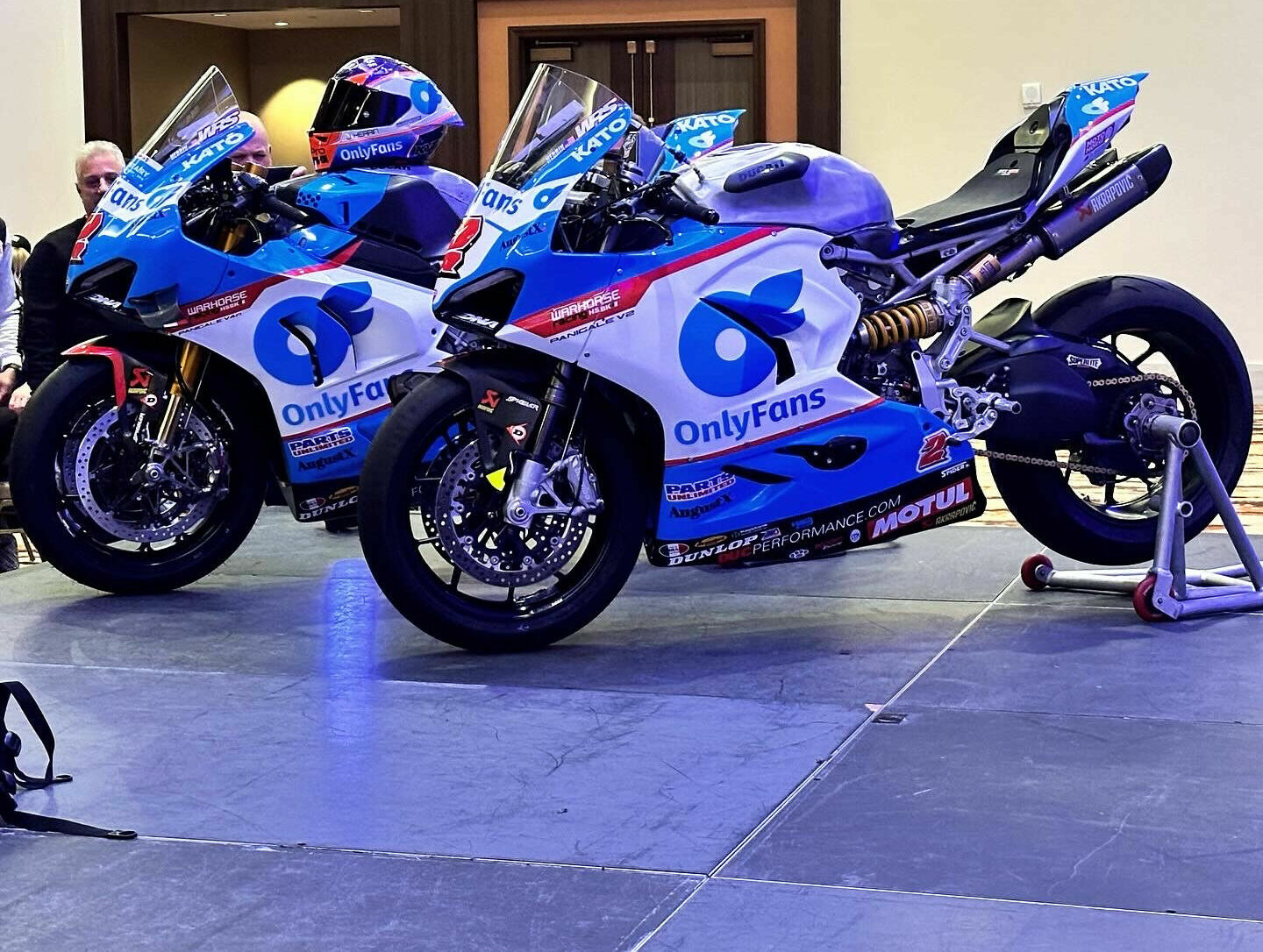Josh Herrin's OnlyFans Warhorse Ducati Panigale V2 Supersport racebike for the Daytona 200 (right) and Panigale V4 R Superbike (left) at the launch event.