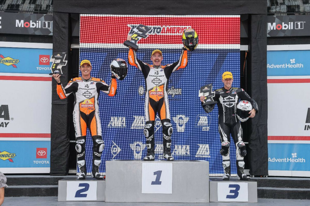 (From left) Jake Lewis, Cory West, and Cody Wyman celebrate their podium finishes in the second Mission Super Hooligan National Championship race at Daytona. Photo by Brian J. Nelson, courtesy MotoAmerica.