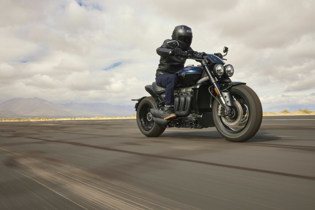 A 2025 Triumph Rocket 3 Storm R at speed. Photo courtesy Triumph.