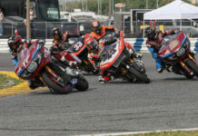 Troy Herfoss (17), James Rispoli (43), Tyler O'Hara (29), Kyle Wyman (33), and Hayden Gillim (behind Rispoli) as seen during King Of The Baggers Race Two at Daytona. Photo by Brian J. Nelson.