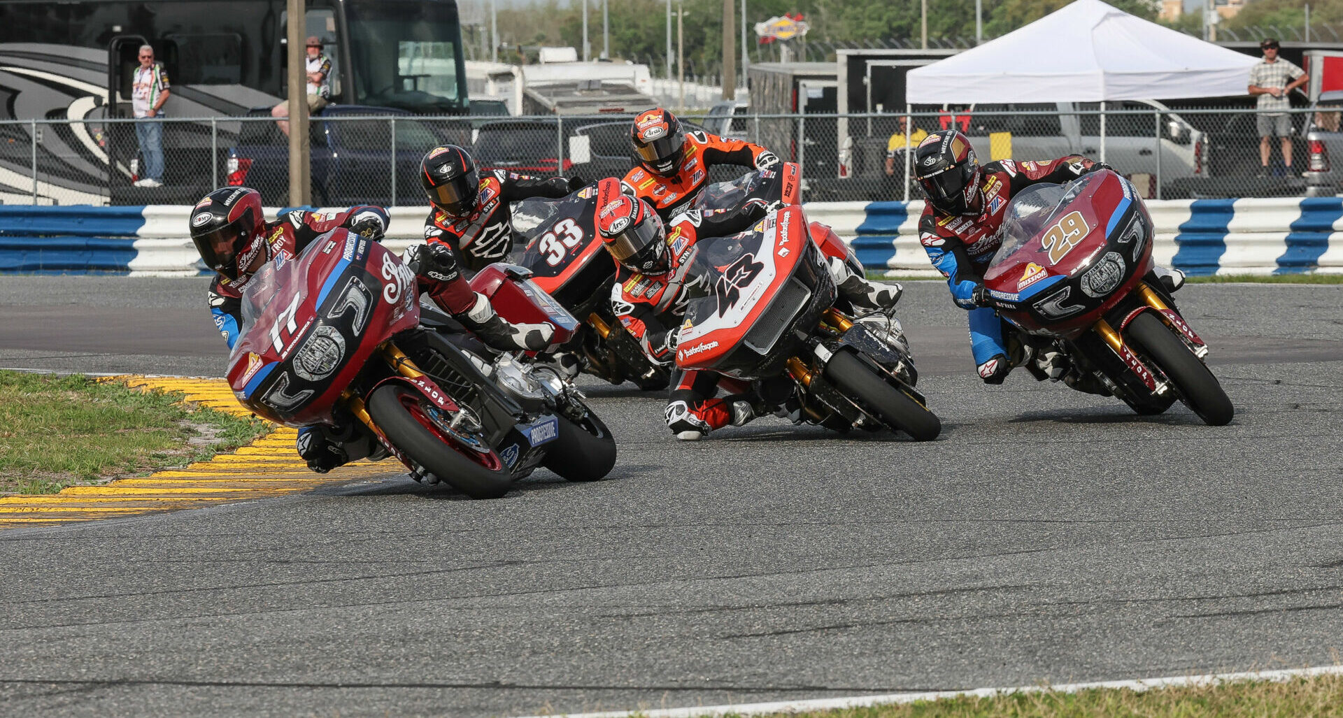 Troy Herfoss (17), James Rispoli (43), Tyler O'Hara (29), Kyle Wyman (33), and Hayden Gillim (behind Rispoli) as seen during King Of The Baggers Race Two at Daytona. Photo by Brian J. Nelson.