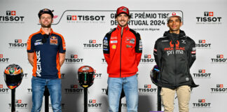 (From left) Brad Binder, Francesco Bagnaia, and Jorge Martin at the MotoGP pre-event press conference in Portugal. Photo courtesy Dorna.