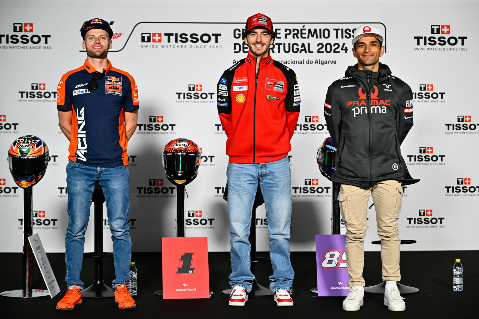(From left) Brad Binder, Francesco Bagnaia, and Jorge Martin at the MotoGP pre-event press conference in Portugal. Photo courtesy Dorna.