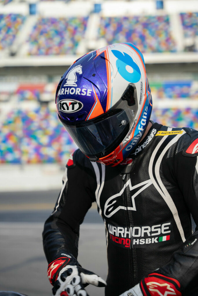 Josh Herrin wearing his custom-painted KYT KX-1 Race while preparing to start the Daytona 200. Photo by Why Not Engage, courtesy KYT Americas.