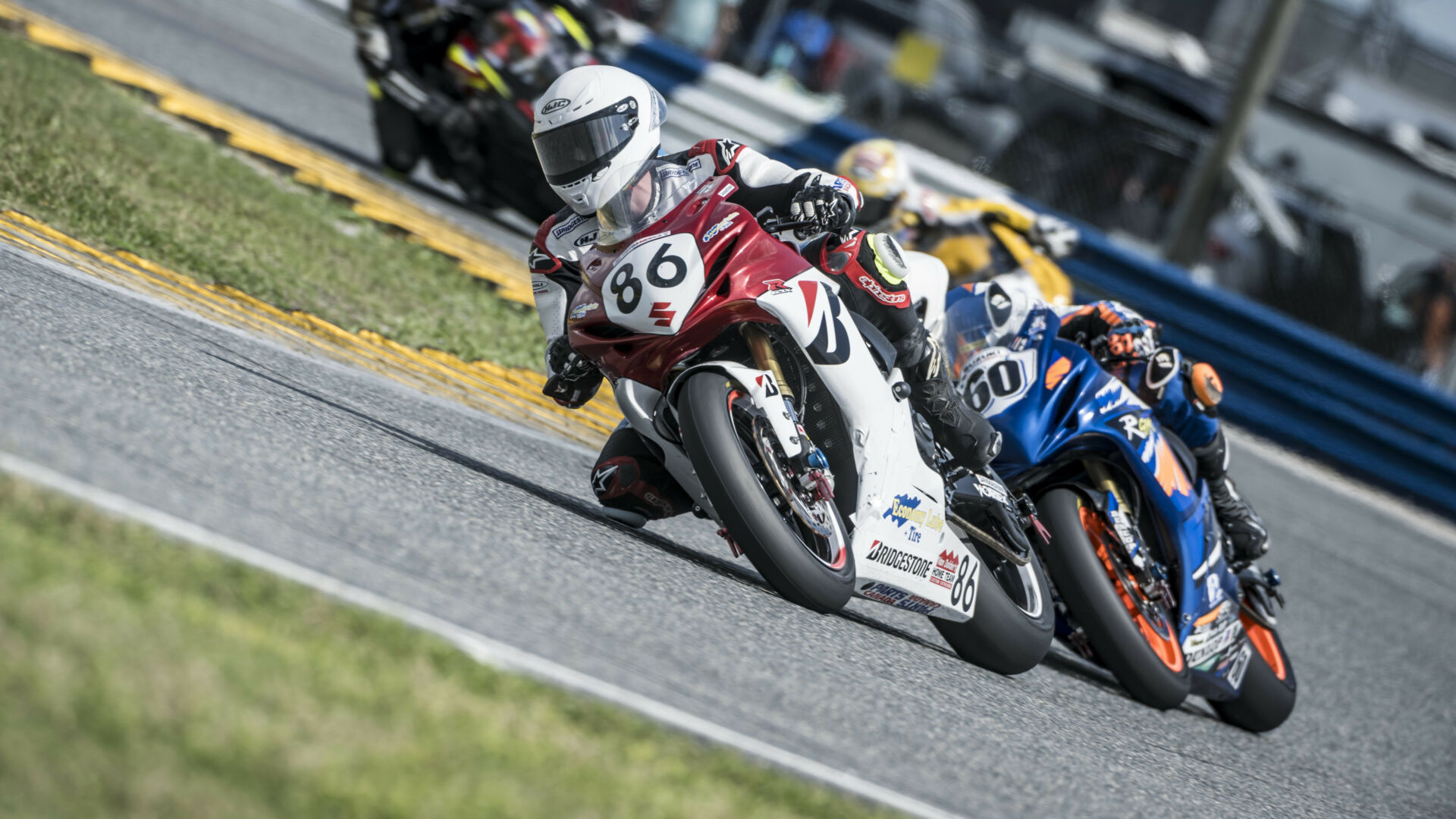 Canadian Superbike Champion Ben Young (86) at speed on his Team BATTLAX Suzuki at Daytona International Speedway. Photo courtesy Bridgestone.