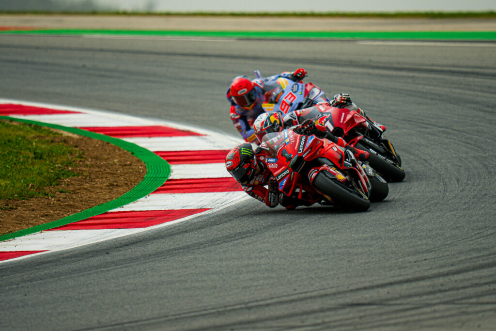 Francesco Bagnaia (1) leads Pedro Acosta (31) and Marc Marquez (93). Photo courtesy Ducati.