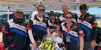 The Chef Eatz race team and ownership (from left): crew chief Kevin Chadwick, rider and team/company co-owner Jeff Servin, rider Carter Chadwick, crew member Steve Shannon, team/company co-owner Stephanie Servin, and lead mechanic Vinny Minelli. Photo courtesy Chef Eatz.