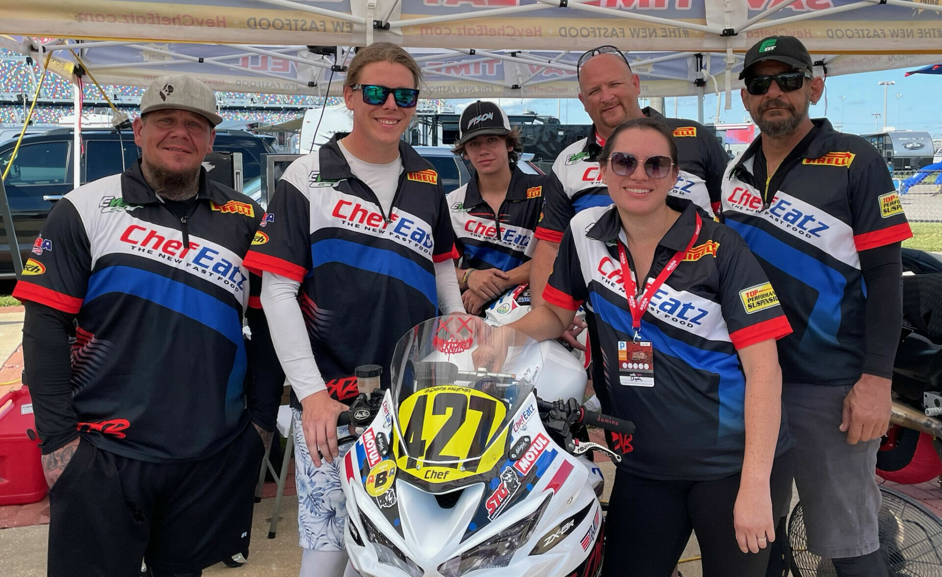 The Chef Eatz race team and ownership (from left): crew chief Kevin Chadwick, rider and team/company co-owner Jeff Servin, rider Carter Chadwick, crew member Steve Shannon, team/company co-owner Stephanie Servin, and lead mechanic Vinny Minelli. Photo courtesy Chef Eatz.