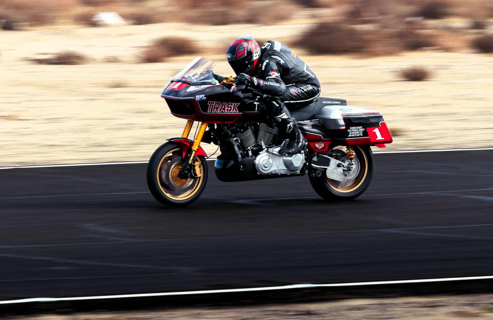 Reigning Bagger Racing League (BRL) Champion Shane Narbonne (1) on his turbo-charged TRASK Harley-Davidson. Photo courtesy BRL.