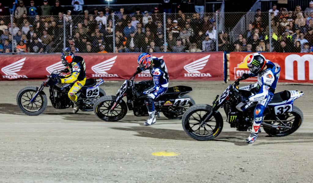 Dallas Daniels (32), Brandon Robinson (44), and Brandon Price (92) in action at Daytona Short Track I. Photo by Tim Lester, courtesy AFT.