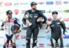 Race One Pro Sport Bike podium from the final round of 2023 with three different manufacturers represented by (from left) Elliot Vieira (Ducati), Sebastien Tremblay (Suzuki) and class champion David MacKay (Kawasaki). Photo by Rob O'Brien, courtesy CSBK.