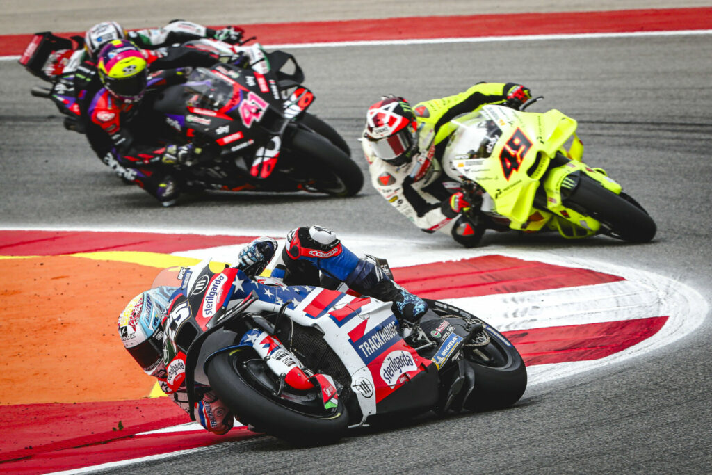 Raul Fernandez (25) leads Fabio Di Giannantonio (49) and Aleix Espargaro (41). Photo courtesy Trackhouse Racing.