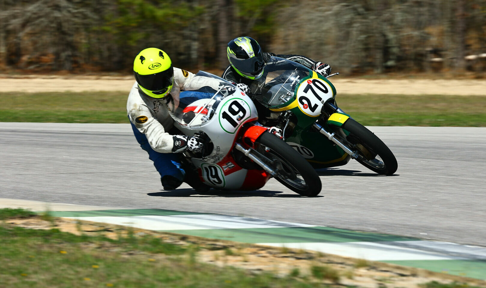 Christopher Spargo (19) and Rob Hall (270) split AHRMA Vintage Cup race wins at Carolina Motorsports Park. Photo by etechphoto.com, courtesy AHRMA.