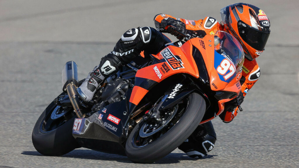 Vance & Hines Suzuki’s Rocco Landers (97) earns the GSX-8R’s first podium. Photo by Brian J. Nelson, courtesy Suzuki Motor USA.