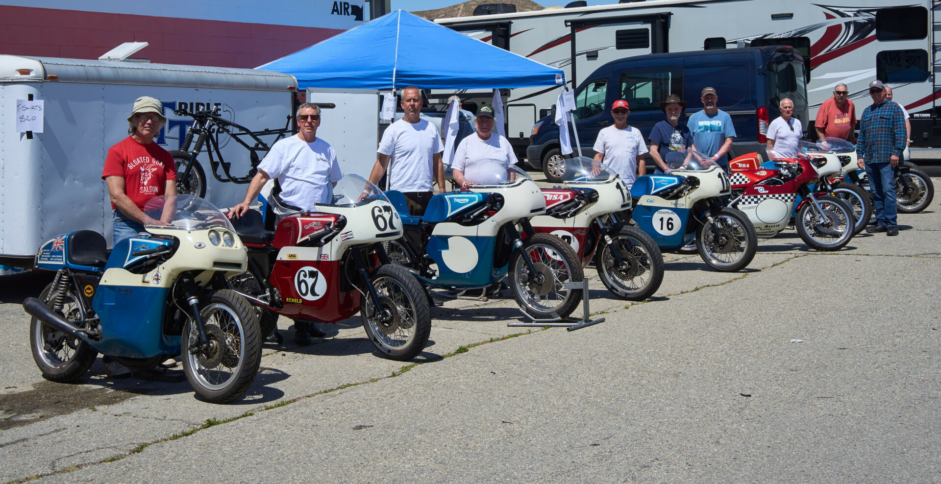 Over a dozen Triumph and BSA factory racebikes were on hand at last year's Willow Springs Grand Prix. Legendary builder Rob North was on hand for autographs and camaraderie. Photo by Jeff Weeks, courtesy BradyWalker.com.