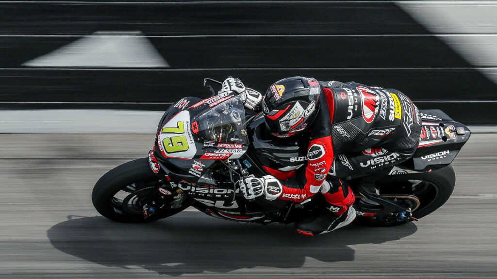 Teagg Hobbs (79) at speed on the high banks of Daytona, and will start 22nd in the 82nd running of the Daytona 200. Photo by Brian J. Nelson, courtesy Suzuki Motor USA.