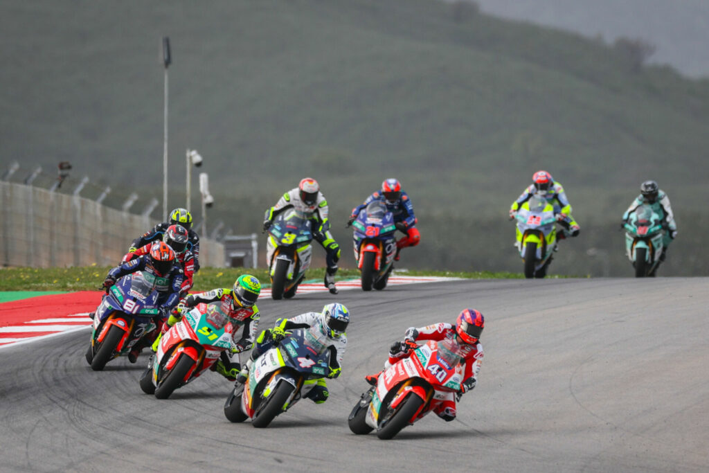 Mattia Casadei (40) won MotoE Race Two over Hector Garzo (4). Eric Granado (51) finished third. Photo courtesy Dorna.