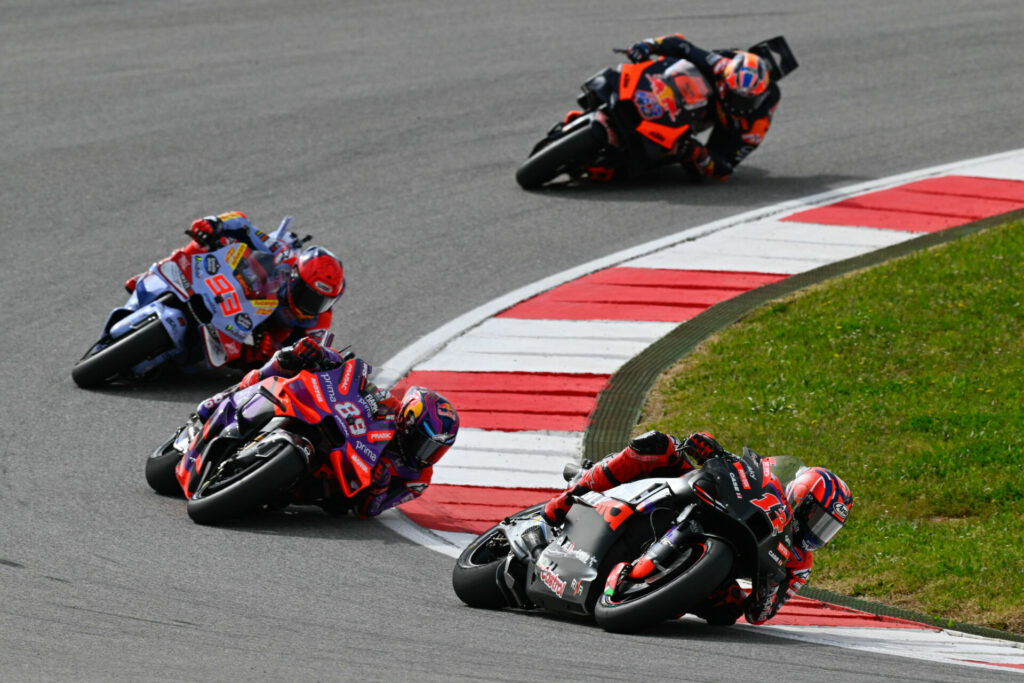 Maverick Vinales (12) leads Jorge Martin (89), Marc Marquez (93), and Jack Miller (43) at Algarve International Circuit. Photo courtesy Dorna.