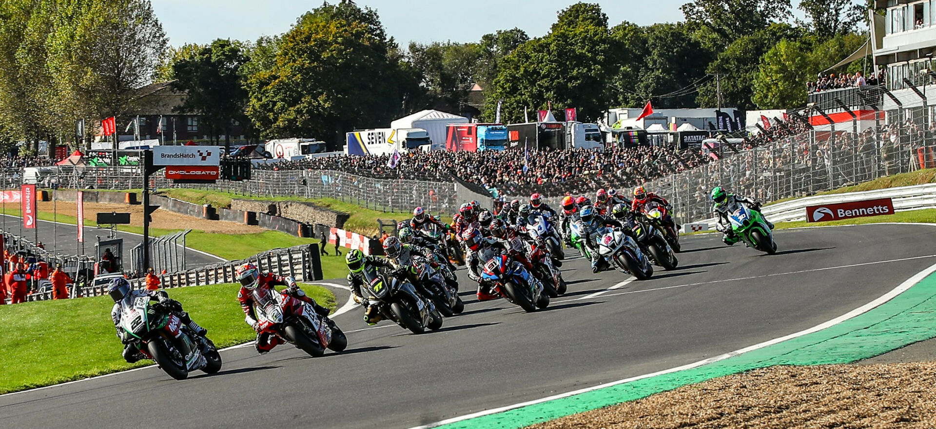 The start of a race at Brands Hatch during the 2023 British Superbike season with Jason O'Halloran leading the field. Photo courtesy MSVR.