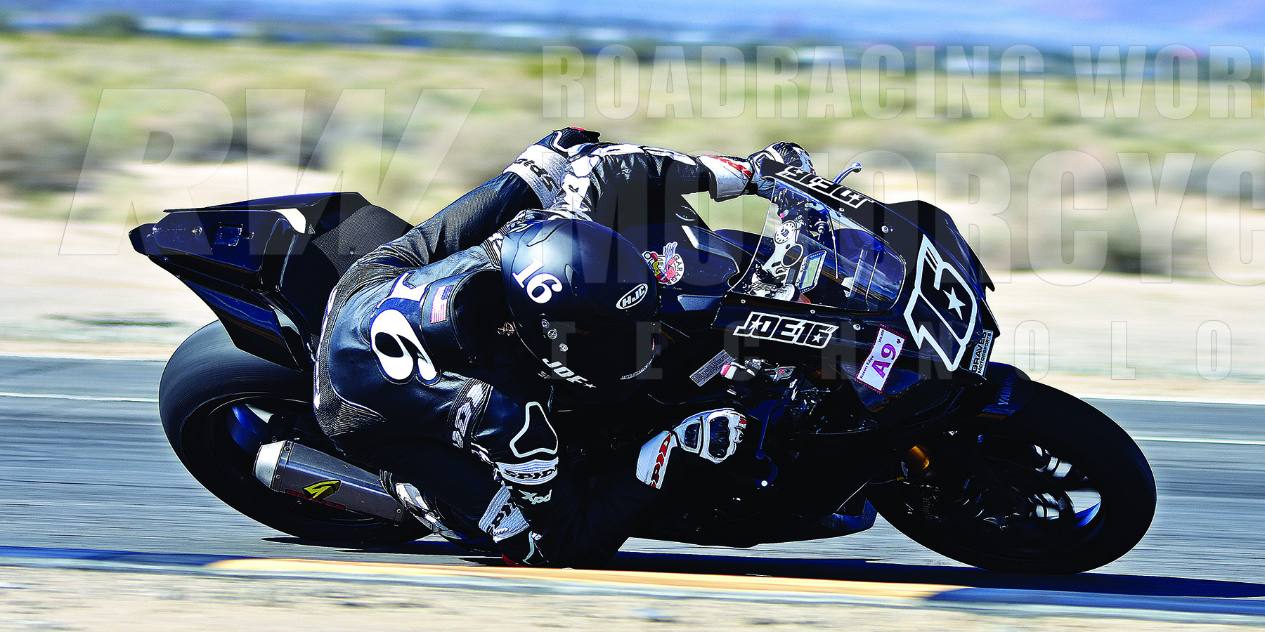 Joe Roberts at Chuckwalla Valley Raceway on the Yamaha YZF-R1 Superbike he built to get used to running on Pirelli tires during the off -season. 