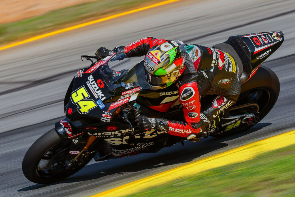 Richie Escalante (54) raced to eighth in Race 1 on Saturday, but was injured in a post-race incident. Photo by Brian J. Nelson, courtesy Suzuki Motor USA, Inc.