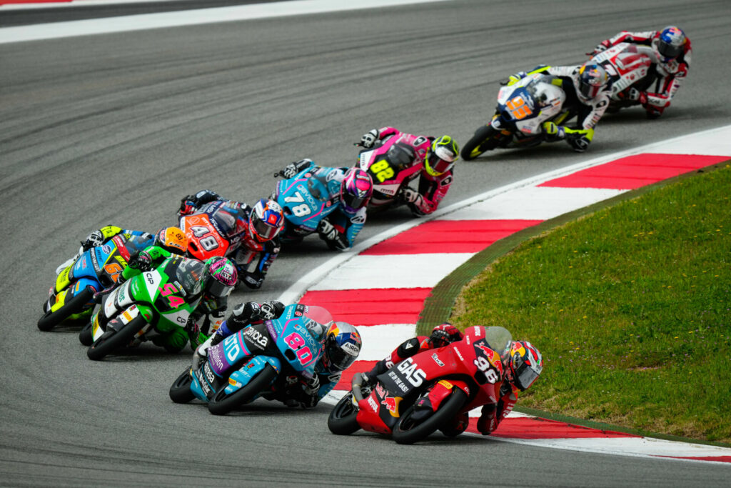 Jose Antonio Rueda (96) leads David Alonso (80) and the rest of the Moto3 field. Photo courtesy Dorna.